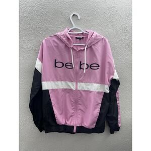 Bebe Womens Jacket Size Medium Pink Colorblock Zip Up Windbreaker Hooded